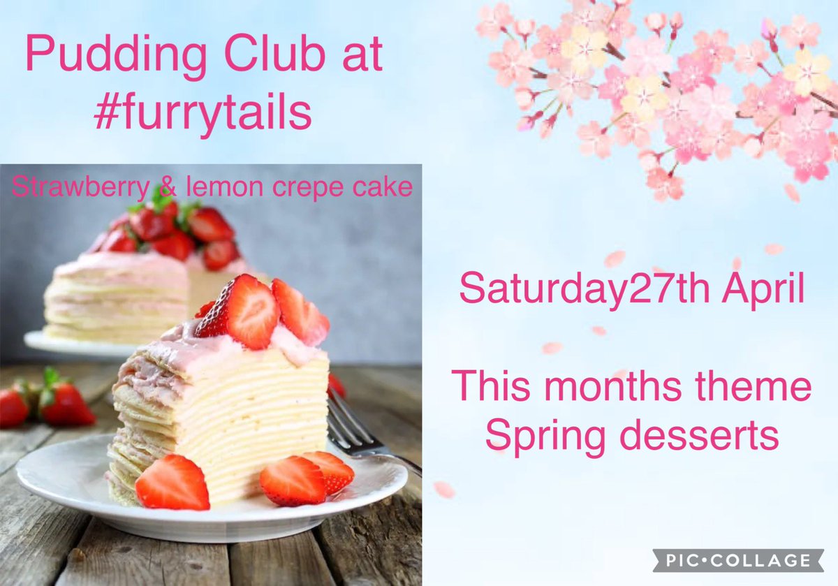 This Saturday 27th April at 7.30pm is the #furrytails Pudding Club.Ginger & Romeo are preparing Spring desserts to tickle & tantalise your tastebuds. Everyone welcome.