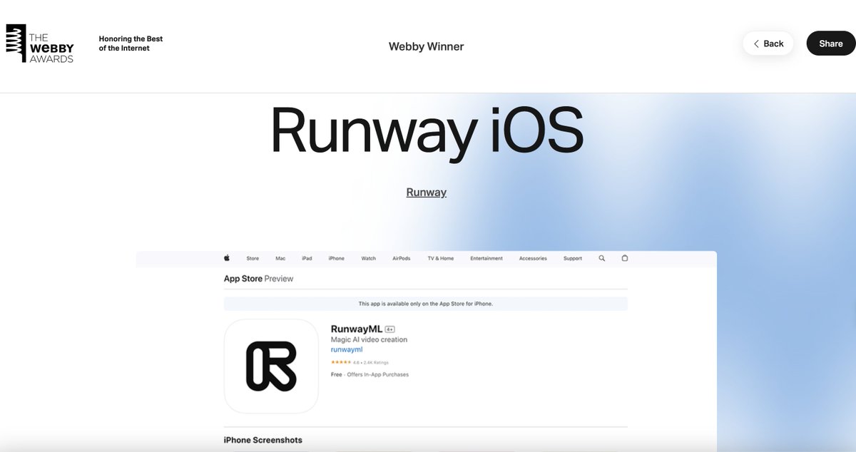 @runwayml has won a #Webby award for its incredible iOS app. Text & Image to Video in your pocket (w/ motion brush and camera control) is simply mind-blowing 🤯🏆 @TheWebbyAwards