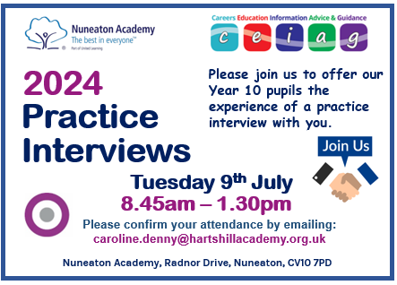Mock Interview Opportunities at 2 Nuneaton schools. Please contact caroline.denny@hartshillacademy.org.uk if you would like to get involved in one or both days.