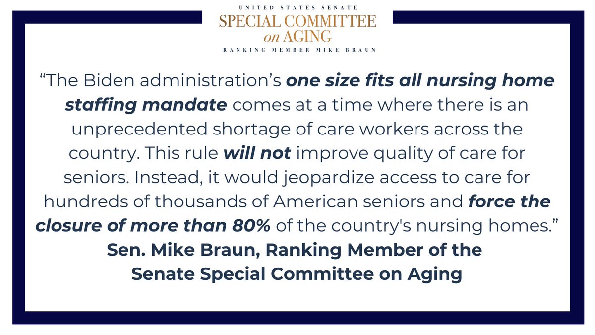 Ranking Member Braun’s statement on the Biden admin’s unfunded minimum staffing mandate at nursing homes ⬇️