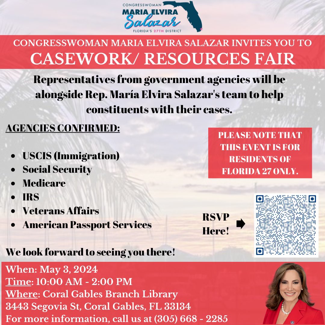 MARK YOUR CALENDARS: My office will be hosting a Casework Fair with reps. from federal agencies to help residents of Florida’s 27th District with their casework needs. WHEN: May 3, 2024, 10am-2pm WHERE: Coral Gables Library Register at the link below ⬇️ docs.google.com/forms/d/e/1FAI…