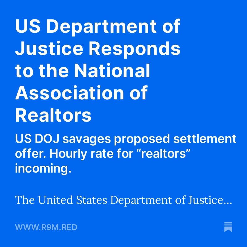 US DOJ savages proposed NAR settlement offer. Hourly rate of pay for realtors incoming.
#r9media #theintelligencer #realestateagent #realtor #nar #antitrust #unitedstates #departmentofjustice #realestatebroker #realestatefraud 

listen & read here: r9link.red/USDOJ1