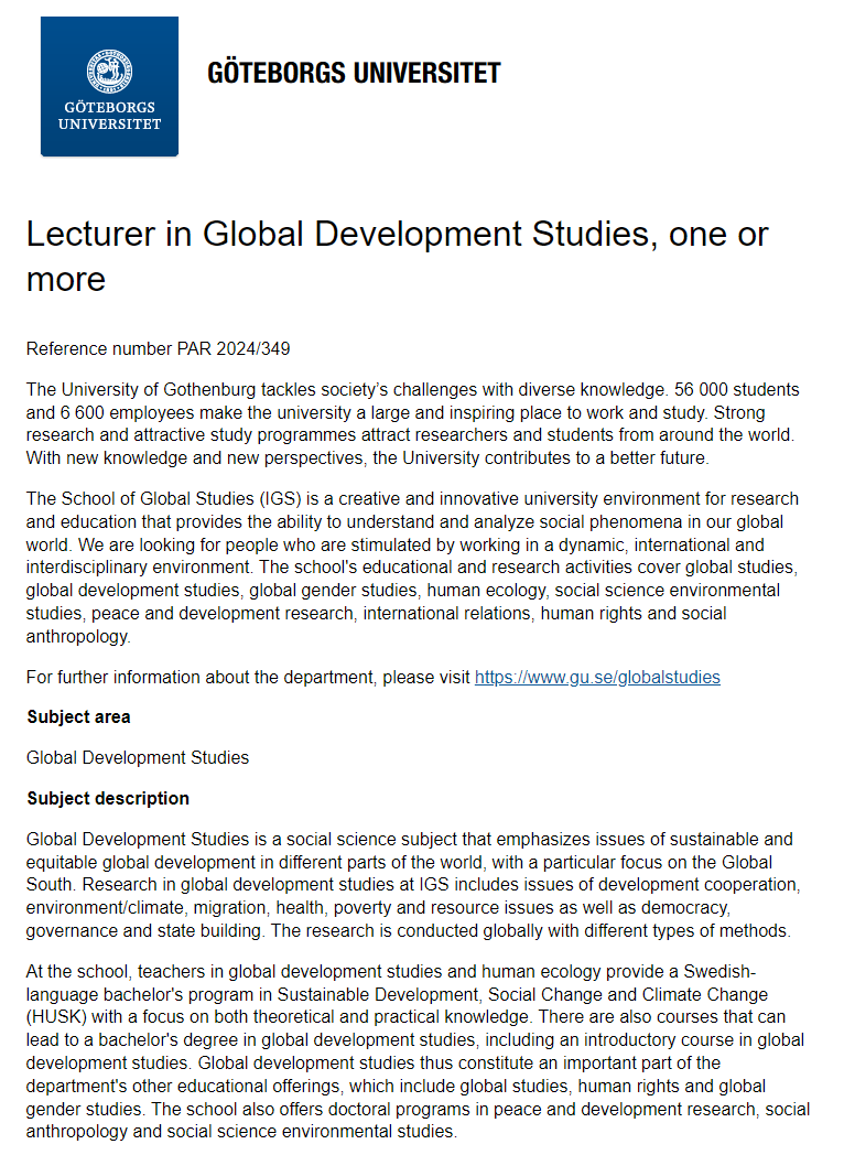 We are looking for a senior lecturer in global development studies at the Schools of Global Studies, permanent position, great workplace, wonderful city. See here: web103.reachmee.com/ext/I005/1035/…