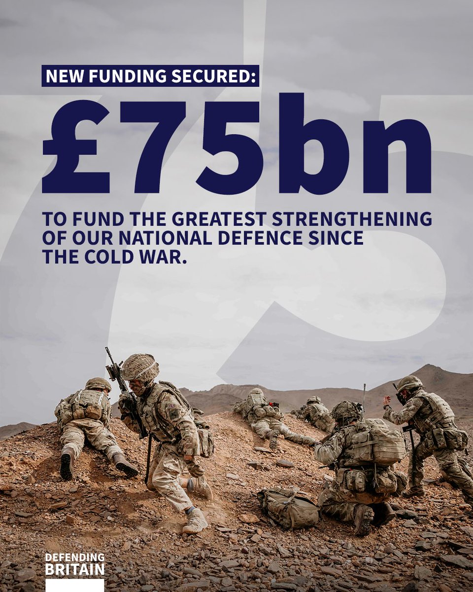 JUST ANNOUNCED: Defence Spending will rise by £75bn over the next 6 years.

With the world becoming more dangerous we can’t afford not to act. That’s why we’ll invest unprecedented amounts to give our Armed Forces a game-changing advantage.

🧵Find out what this £75bn will do: