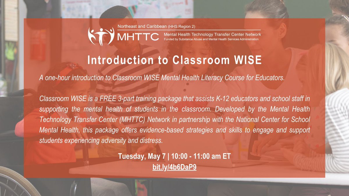 New webinar!

Introduction to Classroom WISE
🗓️ Tuesday, May 7
⏰ 10:00-11:00 am ET

A one-hour introduction to Classroom WISE Mental Health Literacy Course for Educators.

Register now ➡️  buff.ly/3QD6sNN