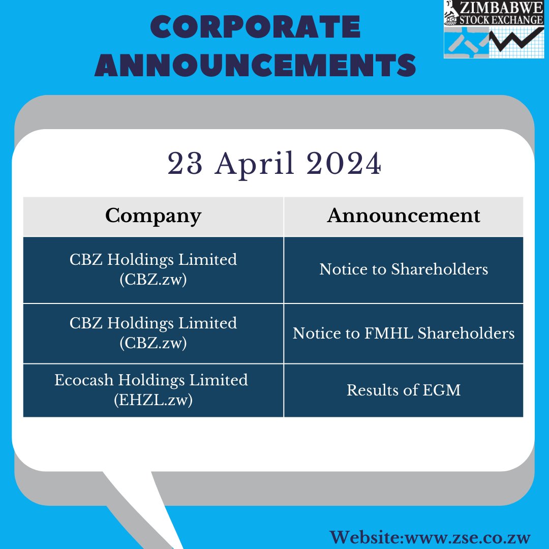ZSE Corporate Announcements 23 April 2024. To view the detailed announcements, visit zse.co.zw