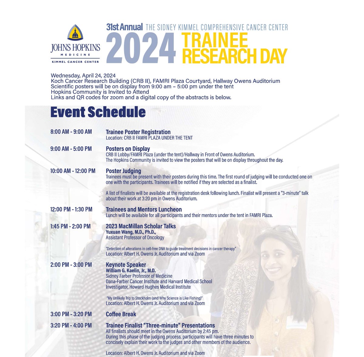 Join us for @hopkinskimmel Trainee Research Day on April 24, 2024! The @MolecularOncLab @Hopkins_MTB young investigators will be showcasing their work at the FAMRI Plaza Courtyard outside CRB II. Stop by & learn about #liquidbiopsies #cancergenomics #immunotherapy #biomarkers