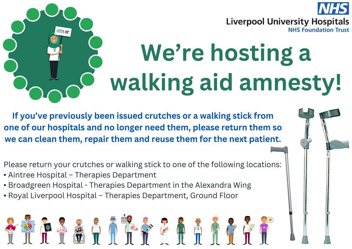 📢 Walking aid amnesty! 📢 Please help us by returning crutches and walking sticks we've previously issued that are no longer in use. We can reuse them for other patients, reducing waste and saving money! Please return to one of the locations listed below⬇️ #GreenerAHP