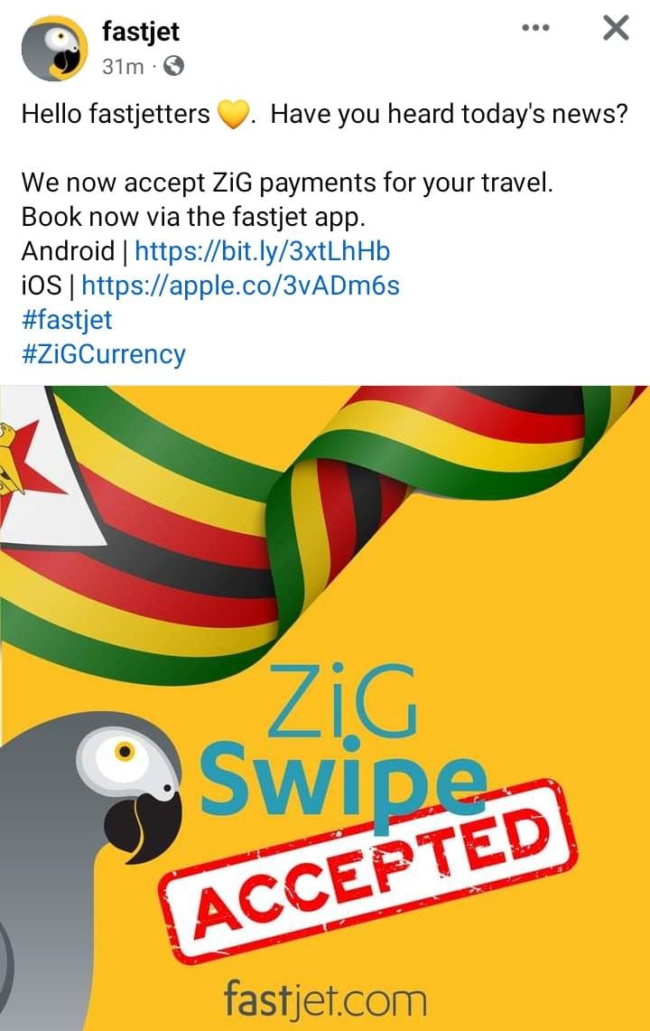 Thank you fastjet for embracing ZiG currency 
#ZiGBhoo 
#ZimBhoo 
#EDWORKS 
@cdechitepo002 @chrissy10charu @edmnangagwa @dereckgoto @MugandaniW @Mrperfectynashe @ngomanehosho @TendayiZinyama @wicknellchivayo @TapiwanasheMeke