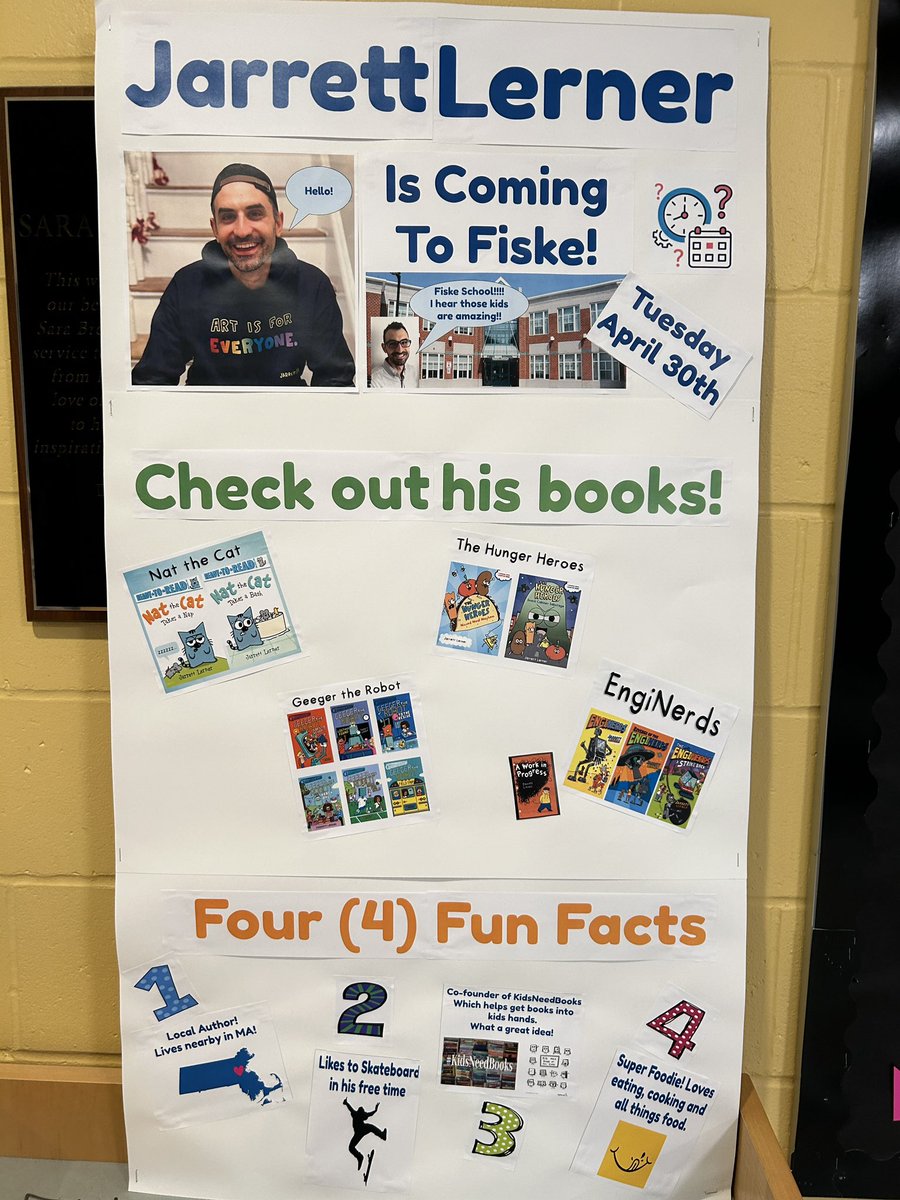 Jarrett Lerner is in the building! Well not QUITE yet…ONE WEEK from today THE @Jarrett_Lerner will be in person @FiskeSchool !! @amyjoconant @LPSLiteracyK5 @lexingtonsuper #fiskepto