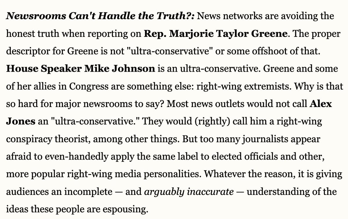 The proper descriptor for Margorie Taylor Green is not 'ultra conservative,' says @oliverdarcy in today's Reliable Sources. 'Greene and some of her allies in Congress are something else: right-wing extremists. Why is that so hard for major newsrooms to say?'