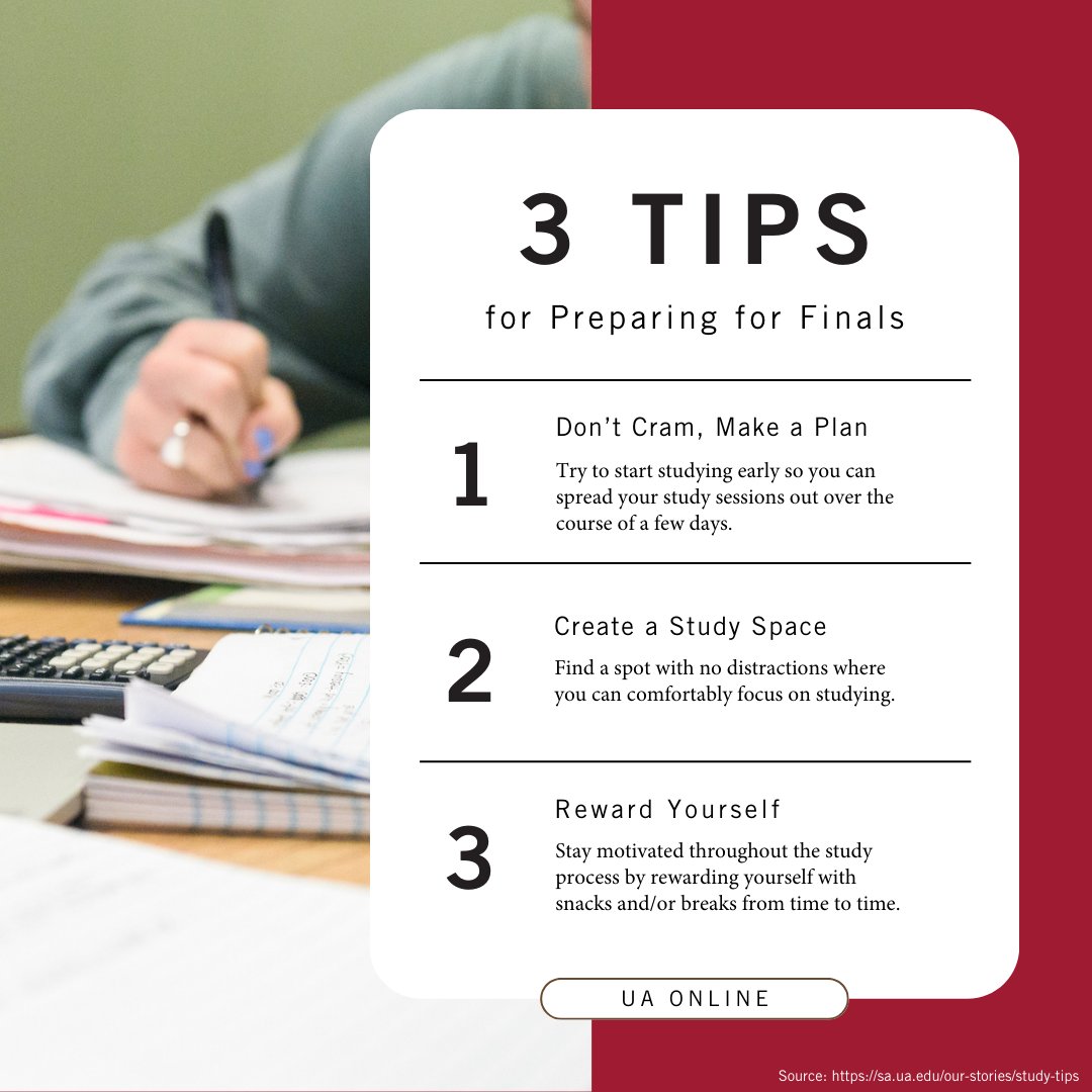 Final exams are next week! 📚 Use these three tips to help you study. Need additional assistance? Check out our online student success resources to help you prepare. ➡️ online.ua.edu/current-studen…