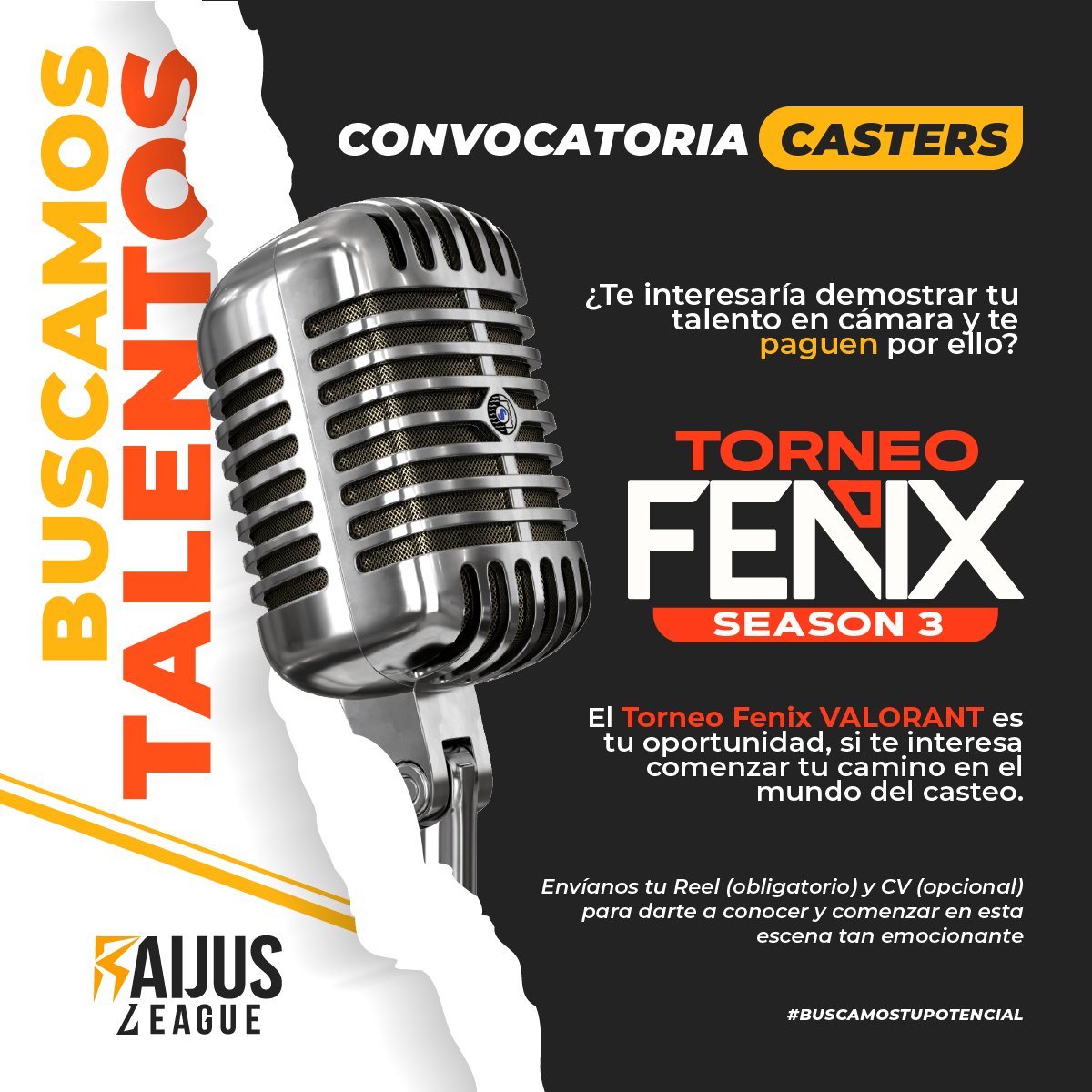 RaijusLeague's tweet photo. 🔥 Convocatoria de Talentos del #casteo 🔥
Creemos en tu talento y queremos mostrarlo en nuestro torneo FNX de #Valorant
Solo 2 vacantes remunerados ✌
Si conoces a alguien con #POTENCIAL etiquétalo para que siga sus sueños ⚡ Da a conocer tu gran voz 🎙️ https://t.co/Gt8BXL2mu8