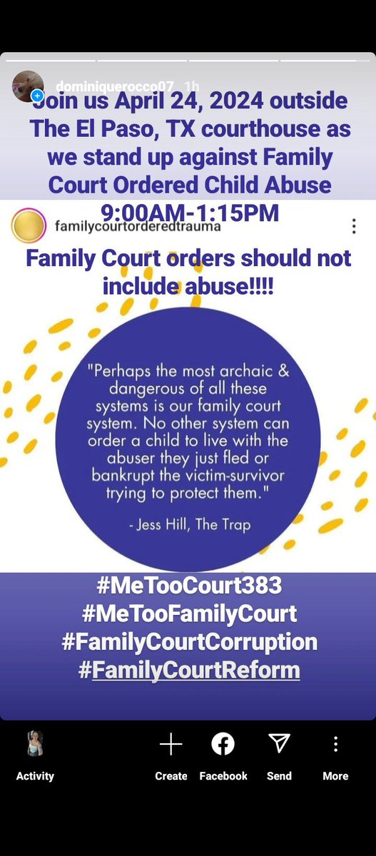 Join us tomorrow April 24, 2024 outside the El Paso, TX courthouse, 9:00-1:15. 
#MeTooCourt383
#MeTooFamilyCourt
#FamilyCourtCorruption
#FamilyCourtReform