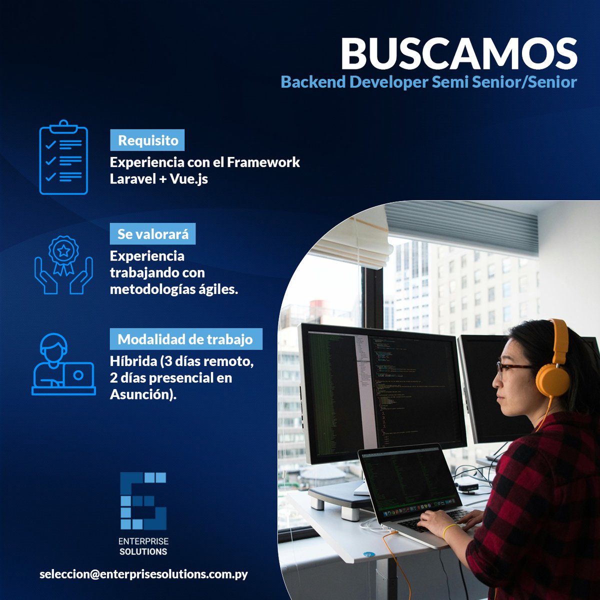 esolutionspy's tweet photo. Estamos buscando talentos para el siguiente perfil:

Backend Developer Semi senior/ Senior

Si querés trabajar con nosotros y tenés las cualidades requeridas, envía tu CV a: seleccion@enterprisesolutions.com.py

#buscamostalento #backend #developers https://t.co/Er1iVihk3f