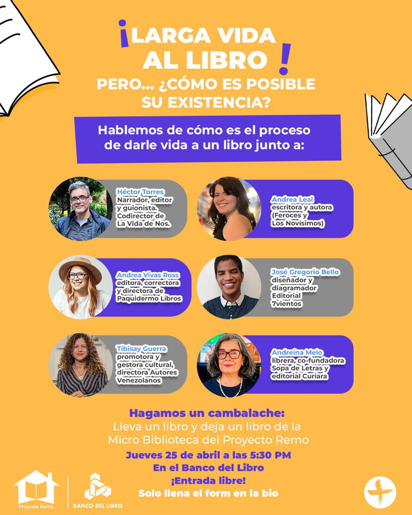 ¡Haremos un cambalache! 📚

Así que lleva un libro y deja un libro de la Micro Biblioteca del Proyecto Remo 📖

📆 jueves 25 de abril a las 5:30 pm 
📍en el <a href="/bancodellibro/">Banco del Libro</a> (Altamira) 

🆓 La entrada es libre 🆓 
Regístrate en el link de nuestra bio