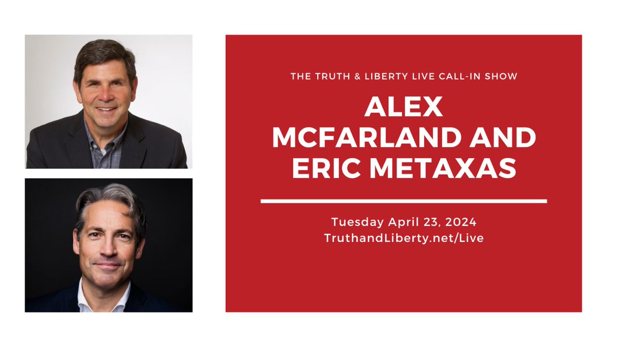 Tonight my guest is @ericmetaxas. Join us as we discuss God's call on the Church in the United States and the hope that lies ahead if we seek after God. Call in with your questions from 5:30pm-7:00pm Eastern at  (719) 619-2341. Watch live:  truthandliberty.net/live/