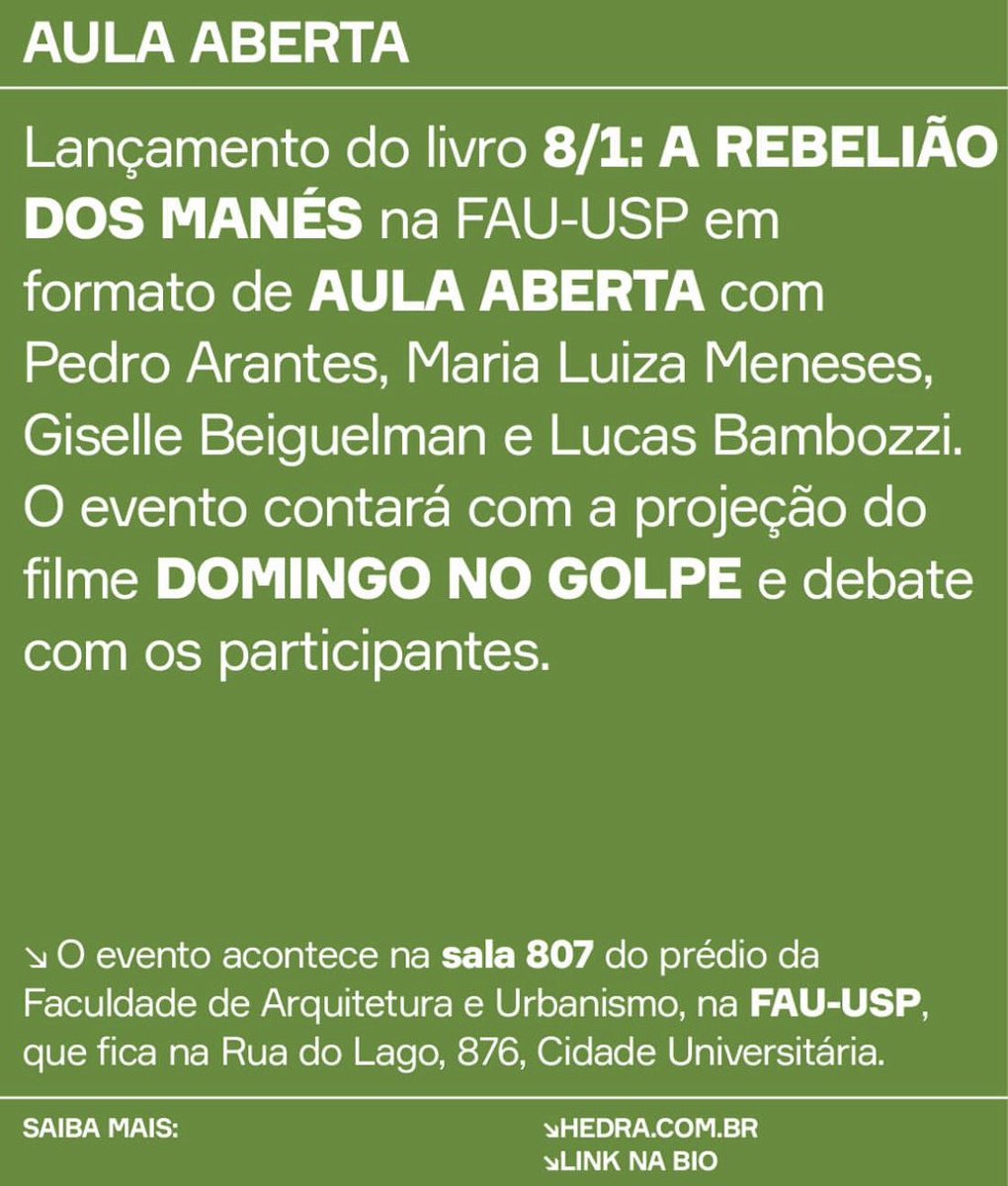 AMANHÃ (24), às 19 horas, tem lançamento do livro “8/1 A Rebelião dos Manés”, de Pedro Arantes e @sou_meneses , e exibição do filme “Domingo no Golpe” de @gbeiguelman e Lucas Bambozzi, na @FAUUSPoficial . Decifrando os atos golpistas no 8 de janeiro… instagram.com/p/C6Emk98Pt-q/…