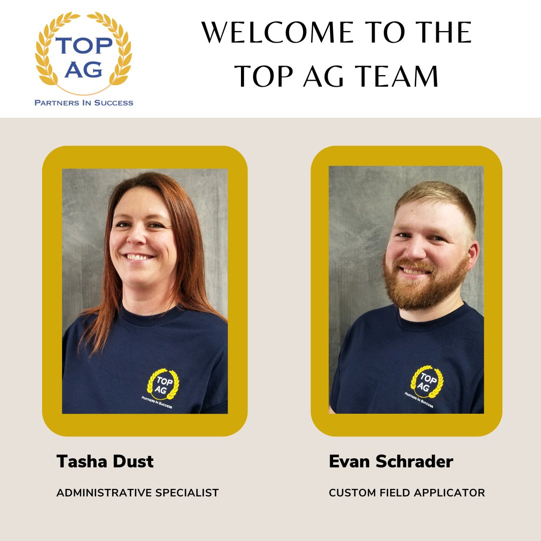 Topagcoop's tweet photo. 🌟 Join us in extending a warm Top Ag welcome to our newest team members, Tasha Dust and Evan Schrader! 🚜 We're thrilled to have you both on board and look forward to the opportunities ahead! 🌟 #TopAgTeam #WelcomeAboard 🌾👋 https://t.co/gJ2V9MOaEv