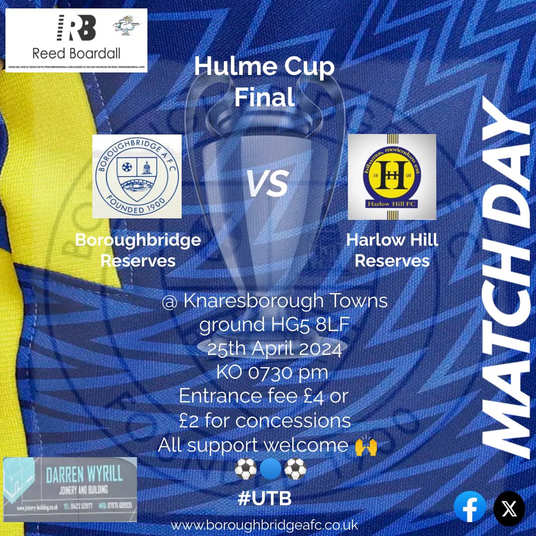 Hulme Cup Final on Thursday Night!! ⚽🏆 ⚽
@Official_BAFC Reserves will be looking to end the season on a high when they take on @HarlowHillFC Reserves in the @HarrogateFA Hulme Cup Final 
All support welcome 🙌
💙⚽💙⚽