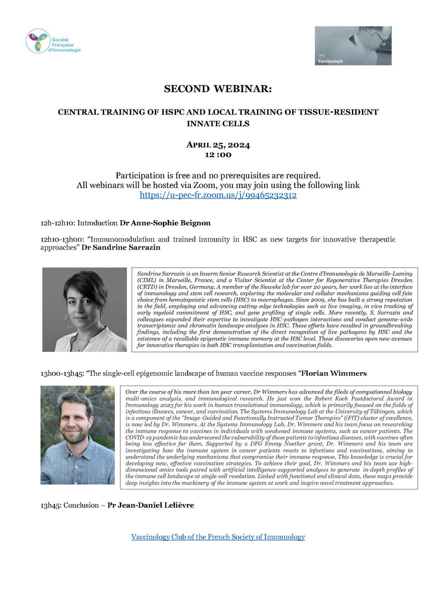 After Maria Yazdanbakhsh and Mihai Netea, before Christine Stabell Benn @StabellBenn and Nigel Curtis @nigeltwitt, I and Florian Wimmers @theRealImmunCel will be the next speakers for French Society of Immunology webinar dedicated to Trained Immunity and Vaccination! Join us!