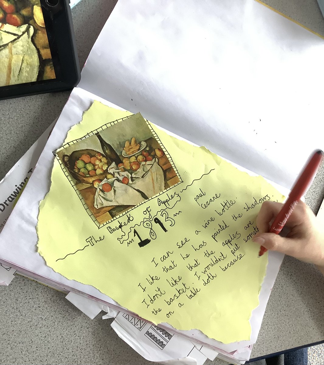 TCPSArtists's tweet photo. Fabulous analysis from @Y4Torrisholme who enjoyed zooming in and looking really closely at Cezanne’s ‘A Basket of Apples’ - super outcomes👏🏻. @TorrisholmeCPS @DBESchoolAdvice @NSEAD1 @GomersalArt @primaryartskill @reads_and_draws @theartcriminal https://t.co/nKZTdzMs1X
