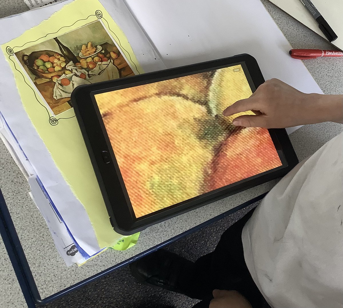 TCPSArtists's tweet photo. Fabulous analysis from @Y4Torrisholme who enjoyed zooming in and looking really closely at Cezanne’s ‘A Basket of Apples’ - super outcomes👏🏻. @TorrisholmeCPS @DBESchoolAdvice @NSEAD1 @GomersalArt @primaryartskill @reads_and_draws @theartcriminal https://t.co/nKZTdzMs1X