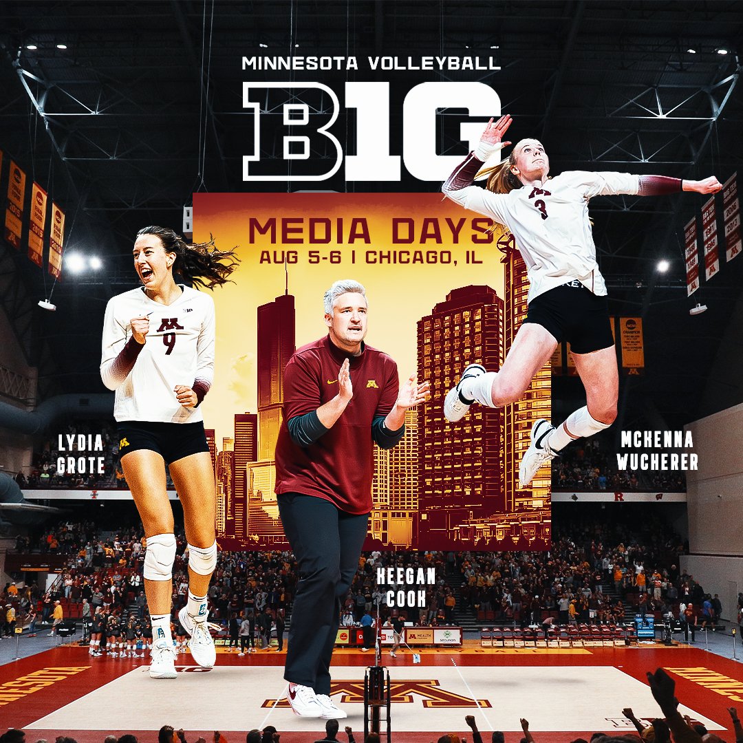 𝟐𝟎𝟐𝟒 𝐁𝟏𝐆 𝐌𝐞𝐝𝐢𝐚 𝐃𝐚𝐲𝐬 🎬 Senior opposite Lydia Grote and junior outside Mckenna Wucherer will join head coach Keegan Cook to represent the Golden Gophers! Year three of @B1GVolleyball Media Days is set for Aug. 5-6 in Chicago. 🔗: z.umn.edu/24MediaDays