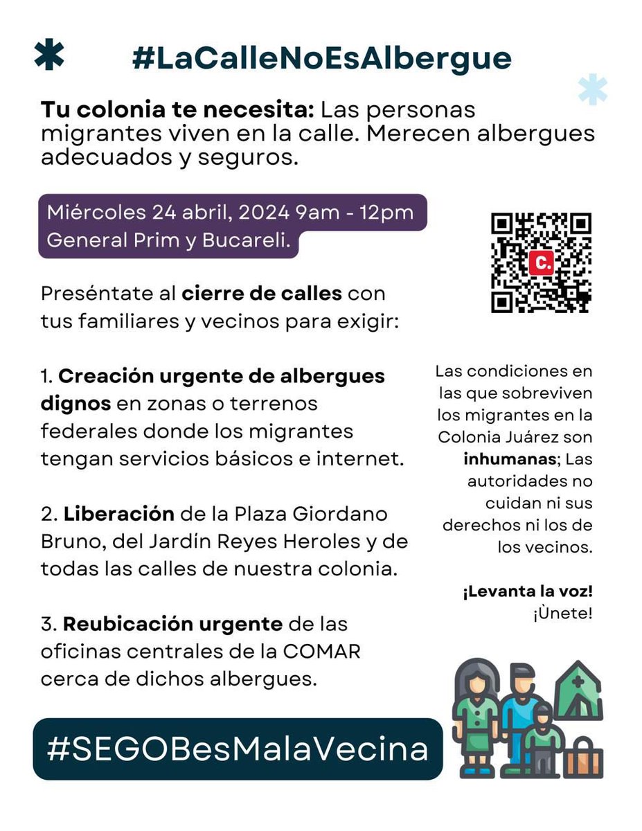 Vecinos de <a href="/LaColoniaJuarez/">La Colonia Juárez</a> , únanse a nuestra protesta vecinal y apartidista. Exijamos a <a href="/SEGOB_mx/">Gobernación</a> y a <a href="/GobiernoMX/">Gobierno de México</a> que otorgue albergues a los migrantes que viven en la colonia, liberando de esta forma nuestras calles y parques. 

#lacallenoesalbergue