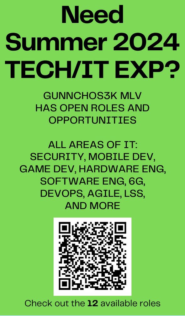 gunnchOS3k MLV Has open roles and opportunities for Summer 2024. Sign Up Now! Link in bio 🤓
#summertechinternship #swe #hwe #cybersecurity #summer2024 #blackintech #latinxintech #6g #opportunity #gradstudent #nyu #compeng #compsci