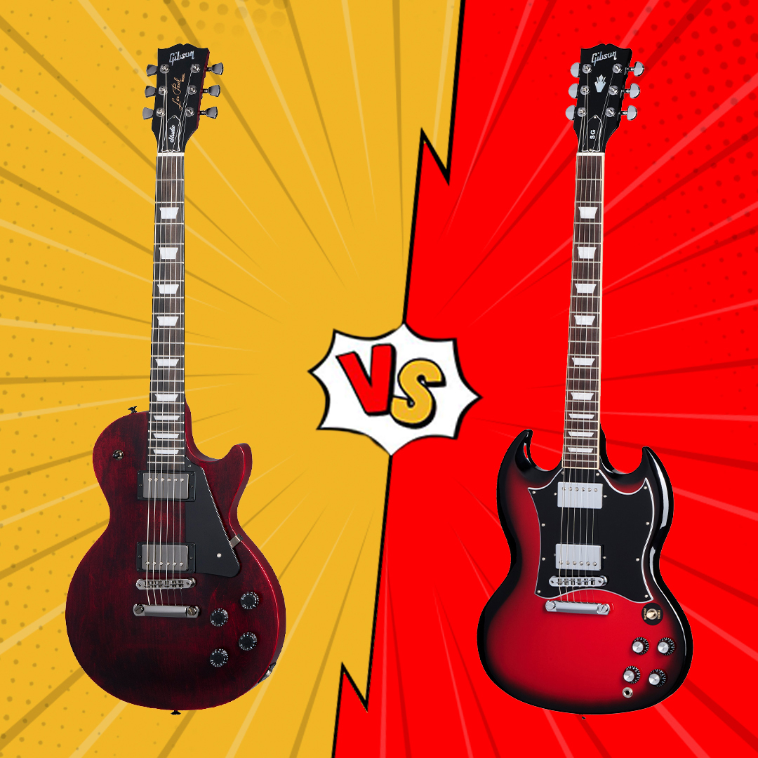 BATTLE OF THE AXES!🎸 Comment and vote for your favorite guitar for a chance to win it! 🔥 On the left, we have the Gibson Les Paul Modern Studio in Wine Red Satin. 😍 On the right, we have the Gibson SG Standard in Cardinal Red Burst. 🤩