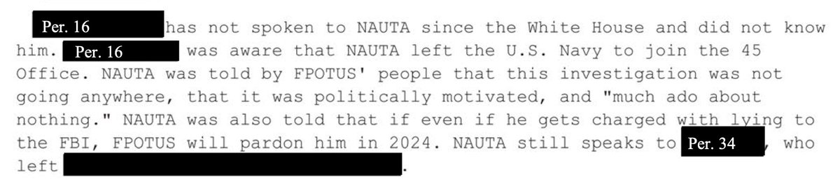 Newly unsealed court filings from Nov. 2022, in the Trump stolen documents criminal case reveal that valet Walt Nauta - aka Person 16 - was told that if he was charged with lying to the FBI, Trump would pardon him when he won a second term in 2024. storage.courtlistener.com/recap/gov.usco…