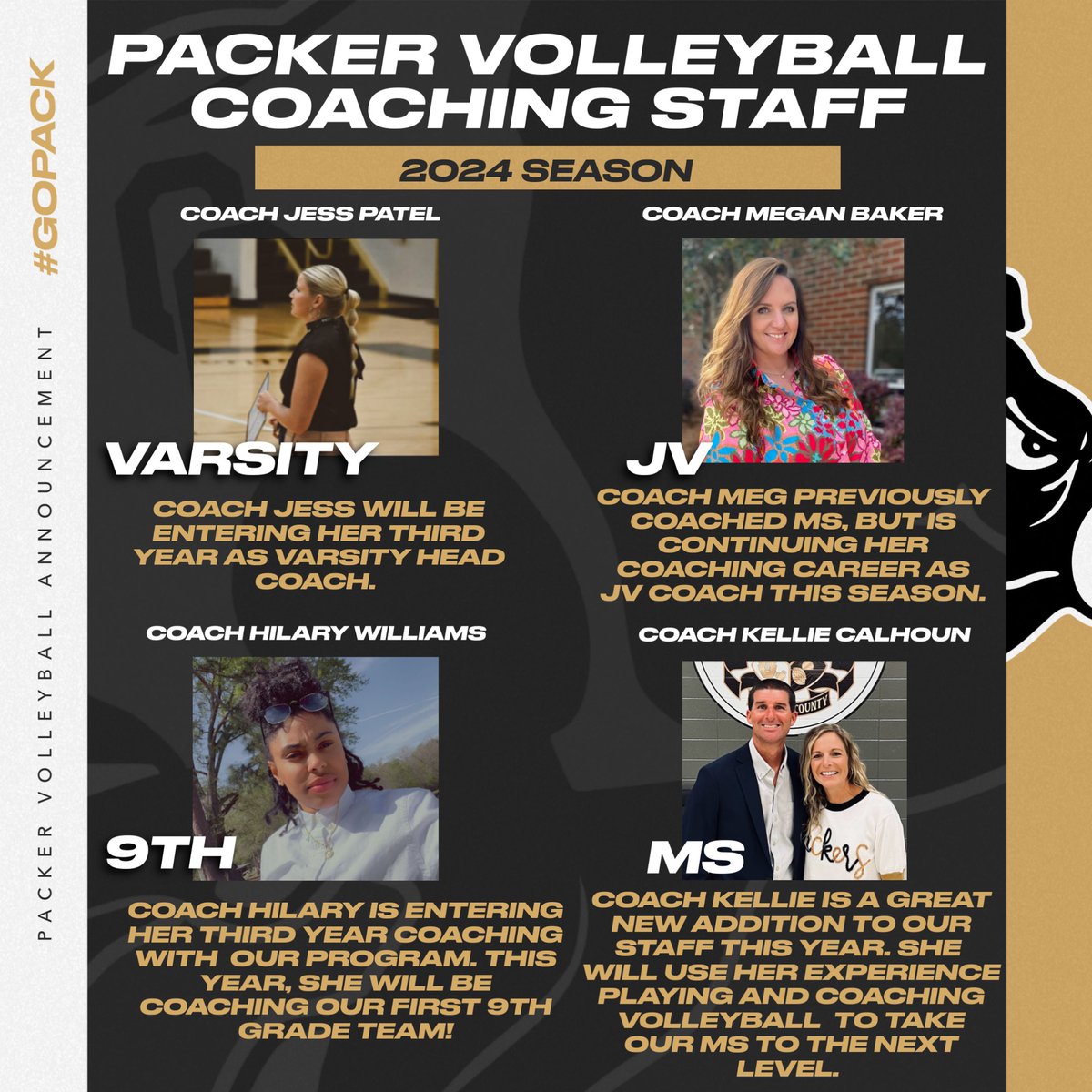 Introducing the 2024 Coaching Lineup for Packer Volleyball! Is that a 9th Grade team we see?? We are excited to announce that our volleyball program is growing and will include a 9th grade team this season. We also want to welcome Kellie Calhoun to our staff as MS head coach!