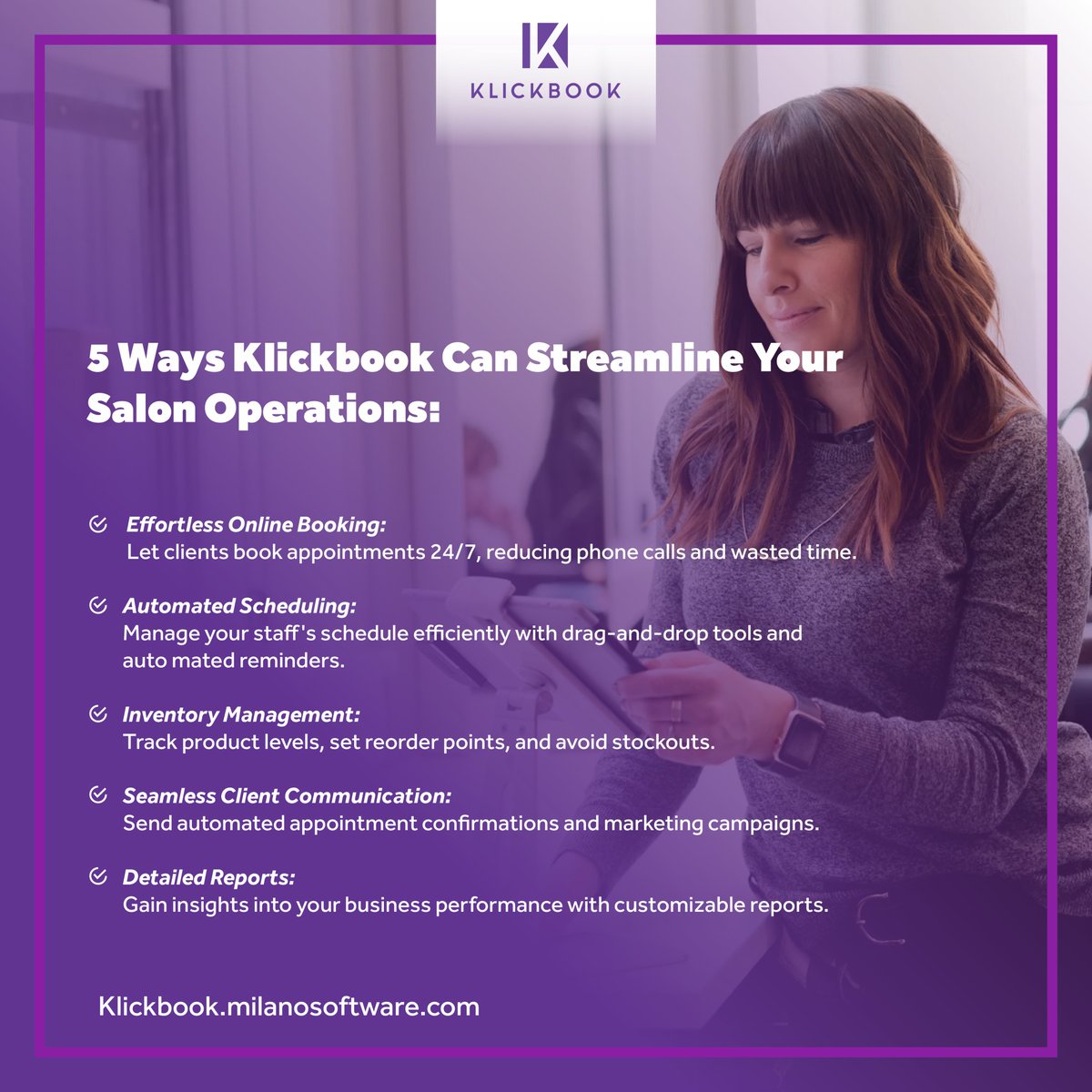 MilanoSoftware's tweet photo. Feeling overwhelmed by appointment scheduling, inventory management, and client communication?

Klickbook can help! Here are 5 ways we streamline your salon operations.

Connect with us to schedule a 30-minute Demo to learn more.

#salonmanagement #salon https://t.co/2W3AkIMxQc