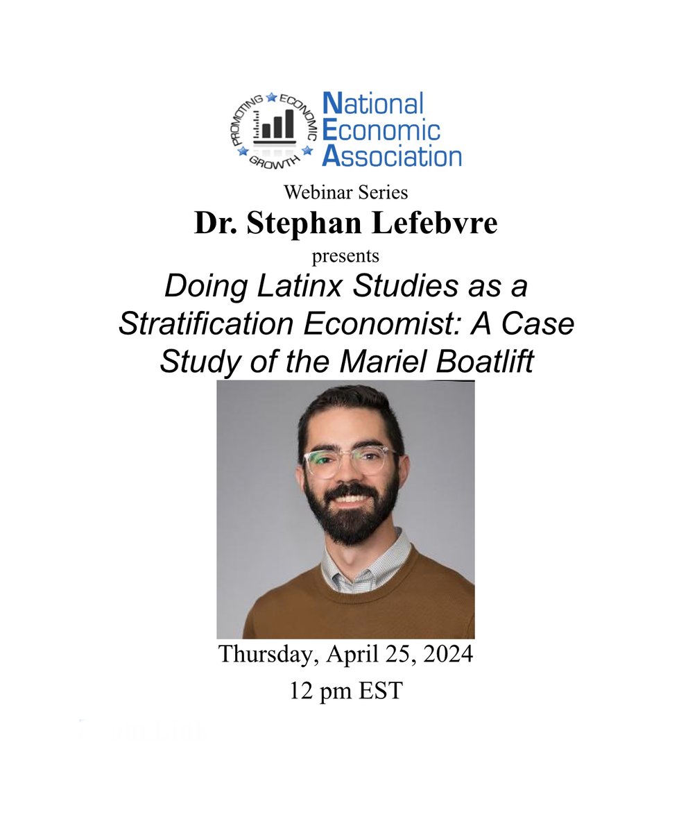 This Thursday, Join us for an insightful session on Latinx studies through an economic lens, led by Dr. Stephan Lefebvre. Tune in 4/25 at 12PM EST us02web.zoom.us/j/88027459455