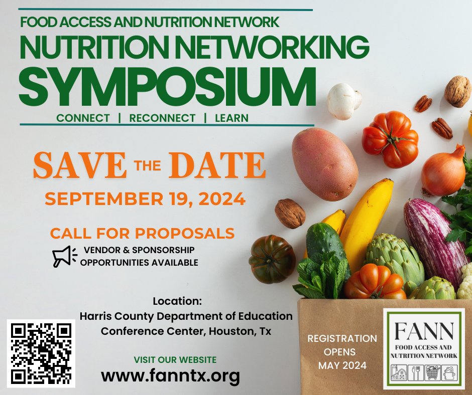 FANN is excited to announce a Call for Proposals! Come connect, reconnect and learn about community nutrition-focused topics at the Nutrition Networking Symposium in Houston. Submit your Proposal by June 10th! #FANN #NutritionNetworkingSymposium #Nutrition #FoodisMedicine