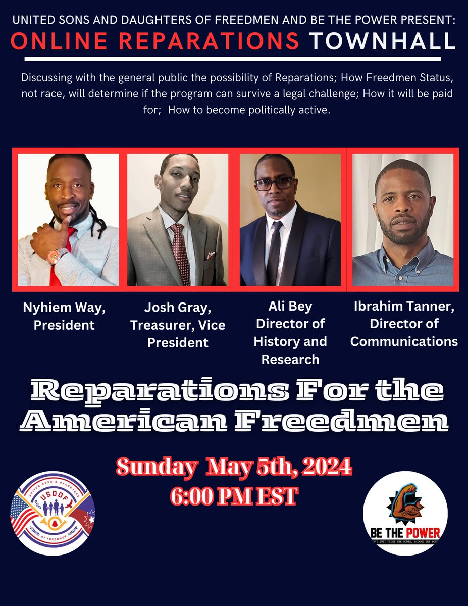 Join us for our American Freedmen Reparations Townhall on Sunday, 05/05/2024, 6pm EST. We are answering all questions for the general public. Register now lp.constantcontactpages.com/ev/reg/6uh4b49…