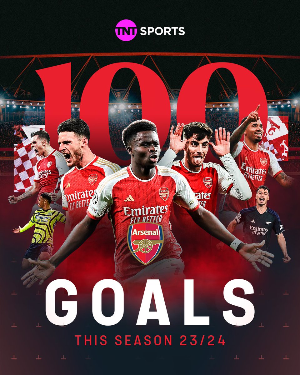 footballontnt's tweet photo. Arsenal have now scored 1⃣0⃣0⃣ goals this season 🔥 https://t.co/N6PizwSGm7