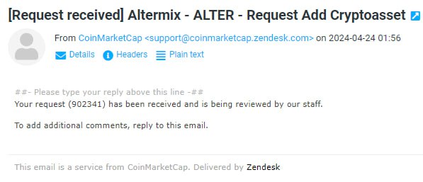 AltermixETH's tweet photo. 🚀 Excited to submit $ALTER through
@CoinMarketCap

Looking forward to the partnership and seeing the $ALTER token on CoinMarketCap

Ticket ID: 902341 https://t.co/ODP90V7LNC