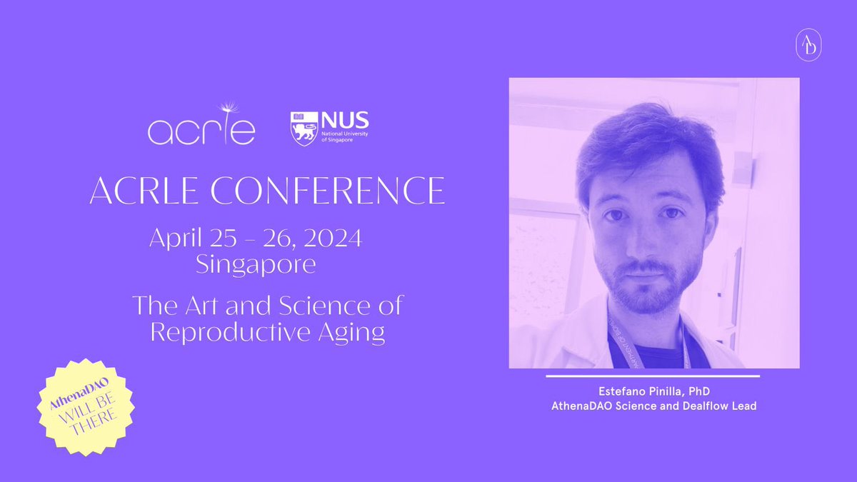 athenabiorg's tweet photo. ๐งฌ Interested in #reproductivelongevity?
๐ฃ Science and Dealfow Lead @FanONegative is at the @ACRLE_NUS conference: โThe Art and Science of Reproductive Ageingโ.
๐: Thursday, April 25th - 26th
๐ป: https://t.co/NrnC5n3HJO
Look out for him at #ACRLE to learn about our work! https://t.co/Hlrwson5Zj