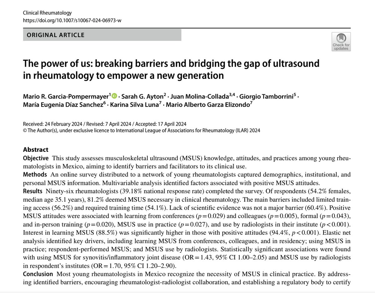 Breaking barriers and bridging the gap of ultrasound in rheumatology to empower a new generation. Important work from @pompermarioMD et al link.springer.com/article/10.100… By addressing identified barriers, encouraging rheumatologist-radiologist collaboration, and establishing a…