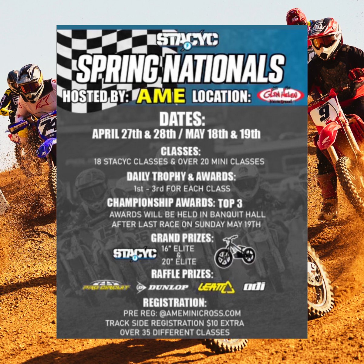 🏁 AME Minicross Spring Nationals 📍 E-Bike/PeeWee and Stacyc Tracks 📆 Sat 4/27 & Sun 4/28 ⏰ More Info: shorturl.at/krC02 ✌️ #AMEminicross