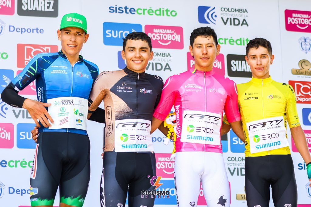 Podium al finalizar la primera etapa de la vuelta de la juventud 2024 🔥🇨🇴
🏆 🏁Ganador de etapa y puntos: Cristian Vélez 
⛰️ Montaña : Brandon Vega 
🟡 Líder Jeferson Ruiz 
🛣️🏁 sprint especial : Camilo Sepúlveda