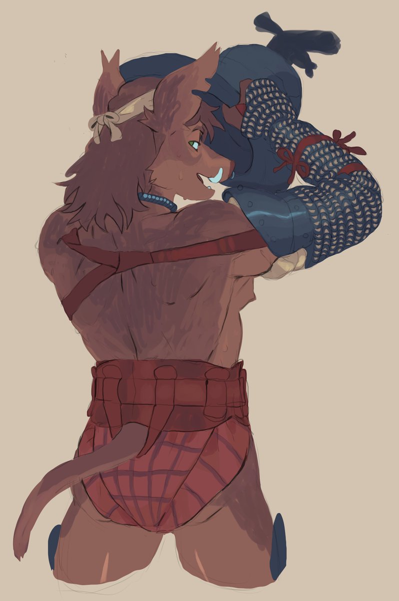 Working on a Gladiator OC, a slave from Cisalpine Gaul who gains local acclaim playing an 'authentic barbarian' in the arena. OFC, hes a piggy :3 🐗🐖