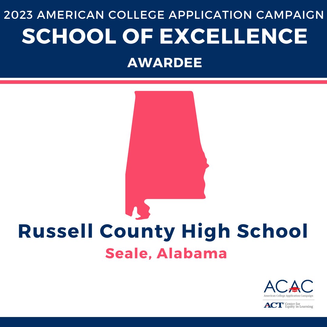 Congratulations to Russell County HS for being a 2023 School of Excellence awardee! We celebrate the exceptional work of the community of state coordinators, educators, and volunteers who support students as they apply to college. leadershipblog.act.org/2024/03/school… #WhyApply