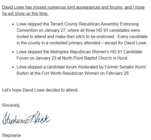 .@StephanieKlick camp puts out an email on this debate fracas -- @DavidLowe4Texas said yesterday that he hasn't committed to the April 29 debate in NRH.

Lowe said he objects to the prospective moderator Dave Gebhart. #txlege