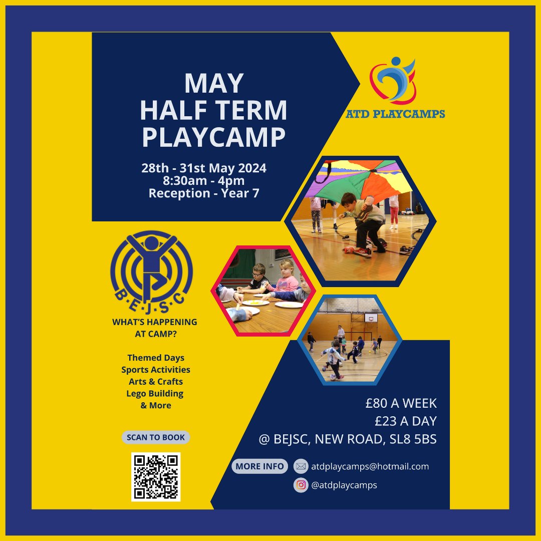 Join @atdplaycamps @BEJSC1970 this half-term!

Book here:
bejscbooking.as.me/schedule/54d71…

#BourneEnd #JuniorSports #HalfTerm #Kids #KidsActivities #MayHalfterm # Parents #Charity #PlayCamp #Fun #Holidays