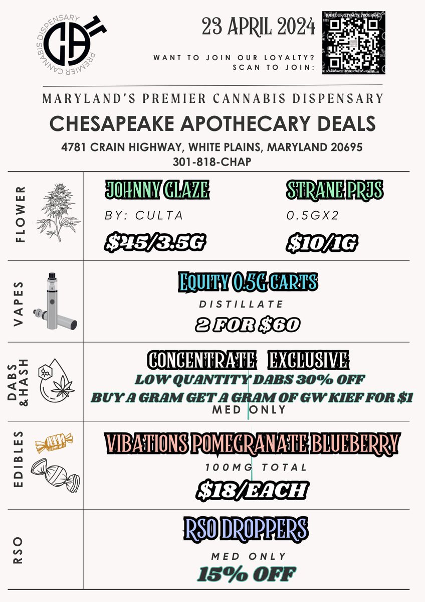 ChesapeakeApoth's tweet photo. Chesapeake Apothecary Deals at White Plains OG! 
Stop by and see us soon 🍁
Order exclusives here:
https://t.co/Zlk6PIgVHv
MCA 18+ or Adults 21+ Only https://t.co/3TFAeF8HKO