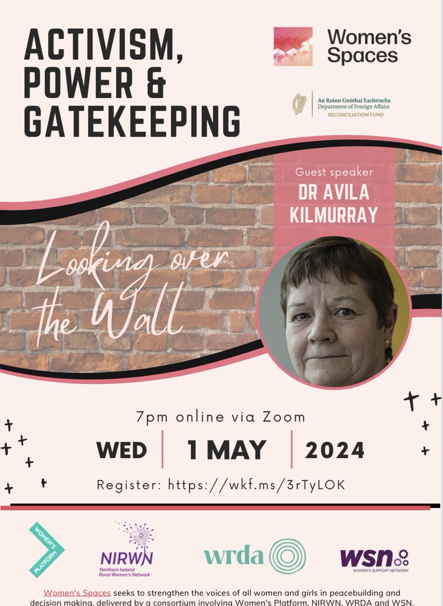 Up and coming talk Wednesday 1st May with Dr Avila Kilmurray online. The focus will be on amplifying your voice, building confidence and solidarity. Please register your interest using link below and a zoom link will be issued. #womensspaces wkf.ms/3rTyLOK