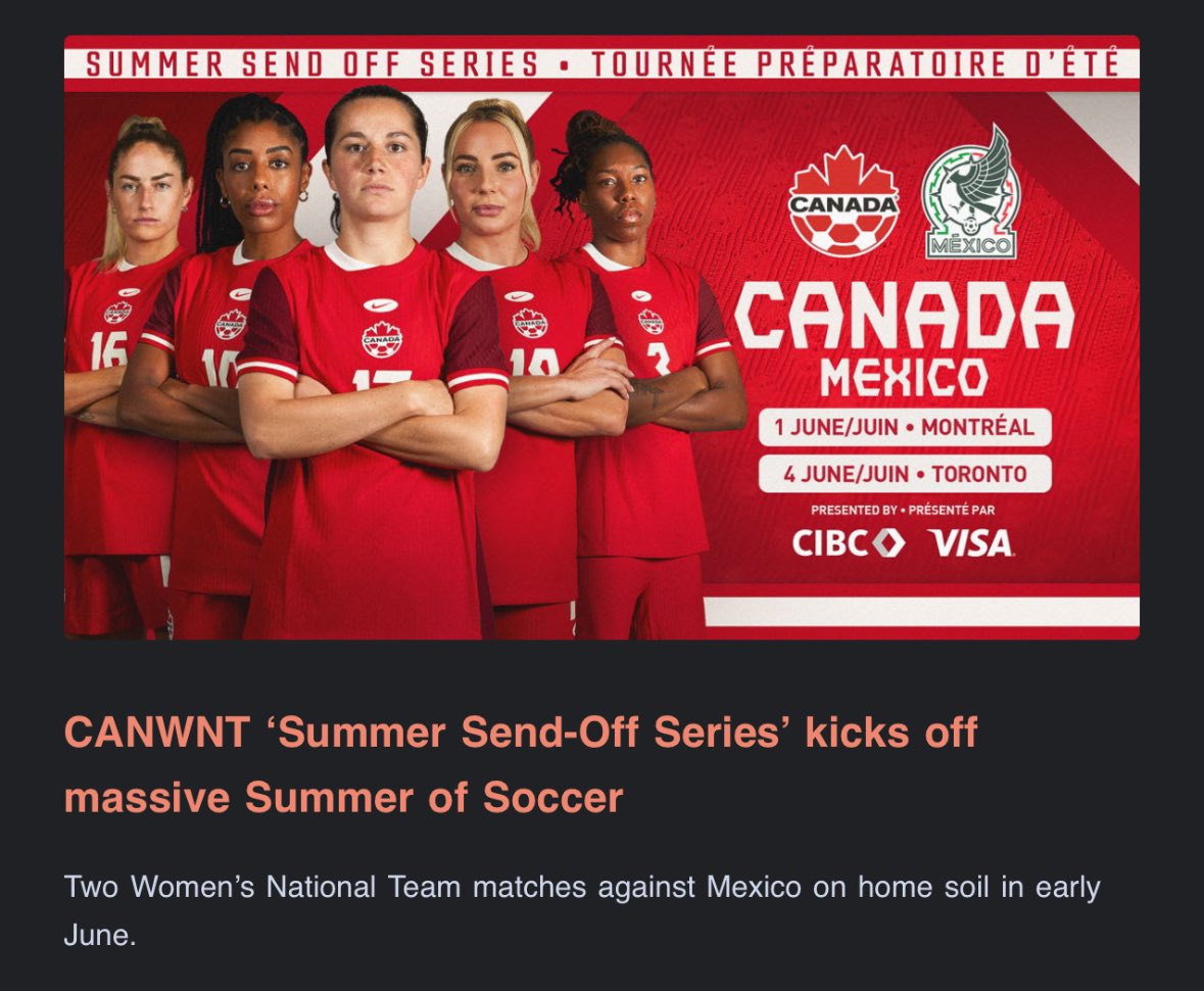 #CanWNT/#CanXNT is playing an Olympic send off series against Mexico in June, Canada Soccer confirms!

June 1st in Montréal (Stade Saputo)
June 4th in Toronto (BMO Field)

So crucial to have these home games before major tournaments. Excited to see the team back at home soon! 🇨🇦